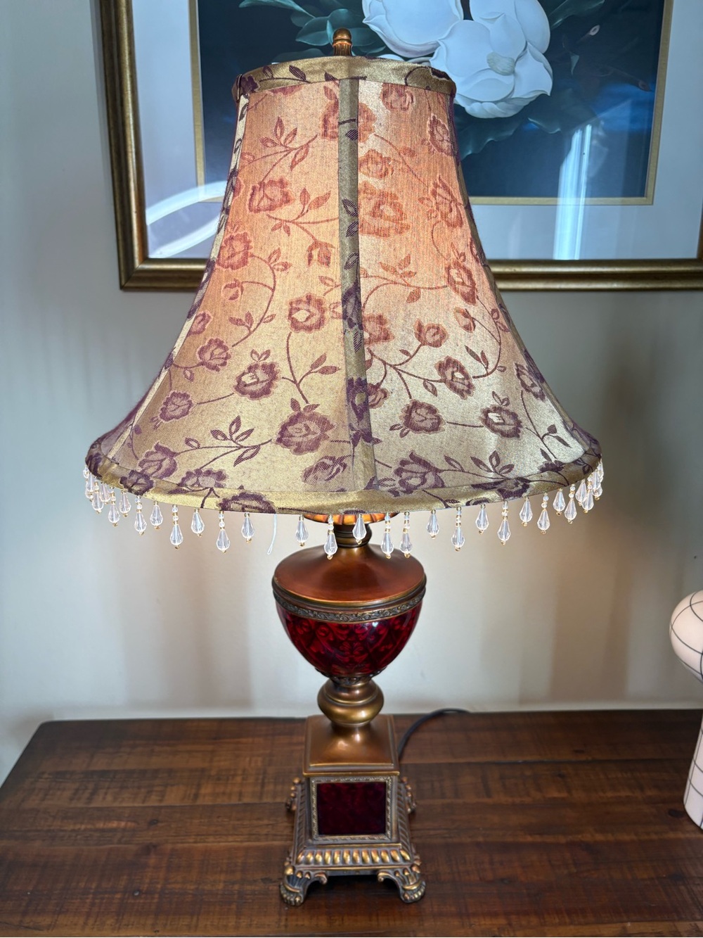 Decorative Red and Gold Table Lamp with Beaded Shade - Picture 7 of 15